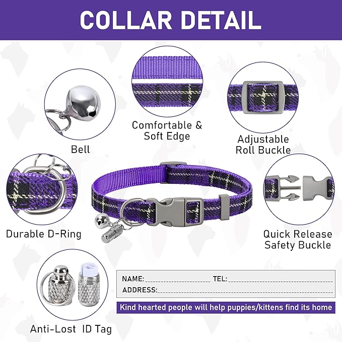 GAMUDA Small Dog Harness Collar and Leash Set, Step in No Chock No Pull Soft Mesh Adjustable Dog Vest Harnesses Plaid Reflective for Dogs Puppy Cats Kitten Rabbit (Purple, XXS)