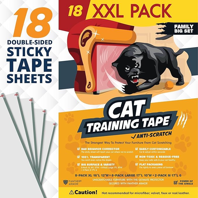 18 Pack Cat Scratch Furniture Protector Tape Sheets – Double-Sided Sticky Training (8 XL, 8 Large, 2 Medium) – Anti-Scratch Couch & Sofa Guard – Clear – Not for Leather, Velvet, Microfiber