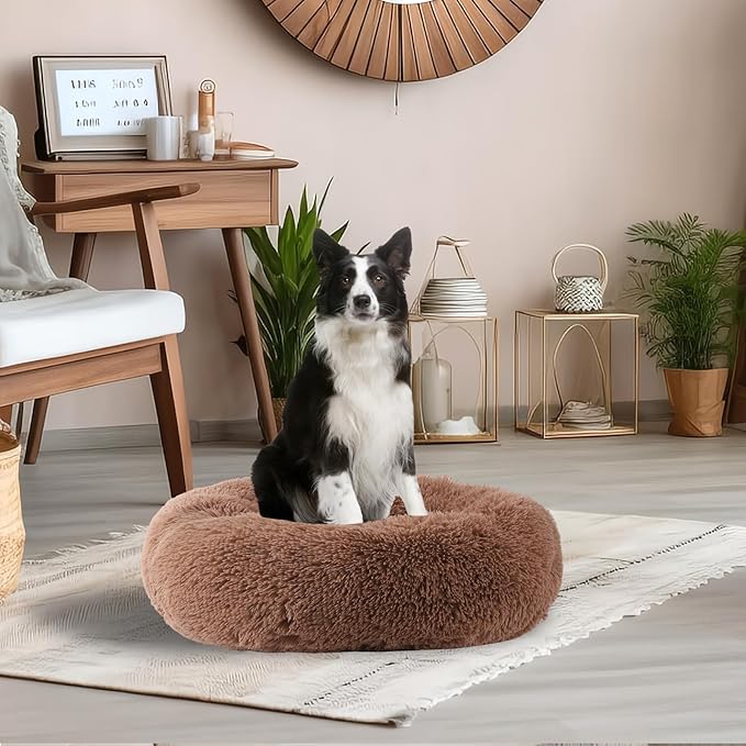 Calming Dog Bed, Dog Beds Fits up to 80 lbs Pets, Fluffy Donut Dog & Cat Bed Washable, Round Anti Anxiety Dog Bed, Small Dog Bed with Non-Slip Bottom (Khaki, 36" x 36")