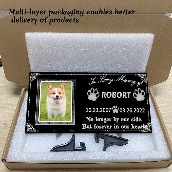 Dog Headstone - Black Granite Memorial Stone Engraved with Photo, Personalized Pet Memorial Stone for Dog and Cat