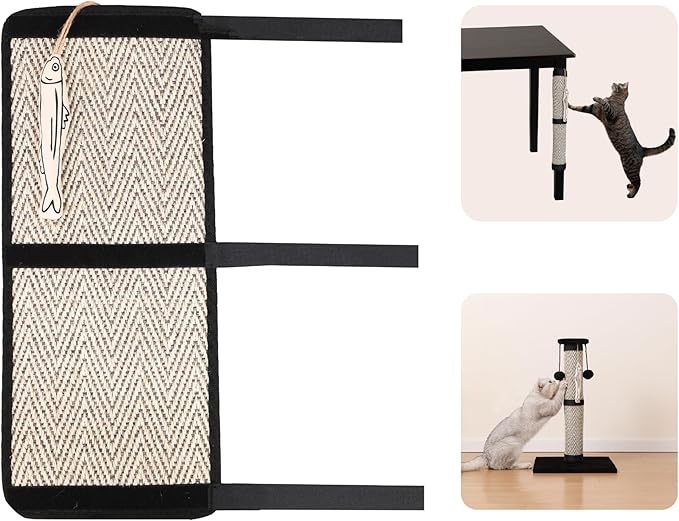 Boho Sisal Cat Scratcher Mat with Hook and Loop Strips (Scratch Protector for Carpet, Sofa, Wall and Furniture), Durable and Shedding-Resistant Surface (Table Leg Protector, Fishbone)