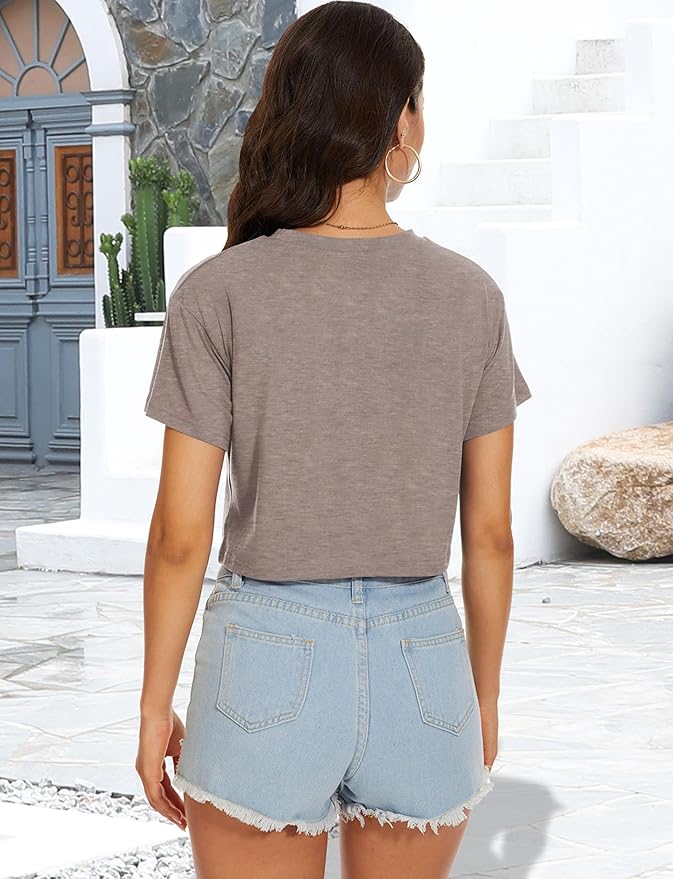 Womens Summer Crop Tops Short Sleeve Round Neck T-Shirts Loose Fit Casual Blouse