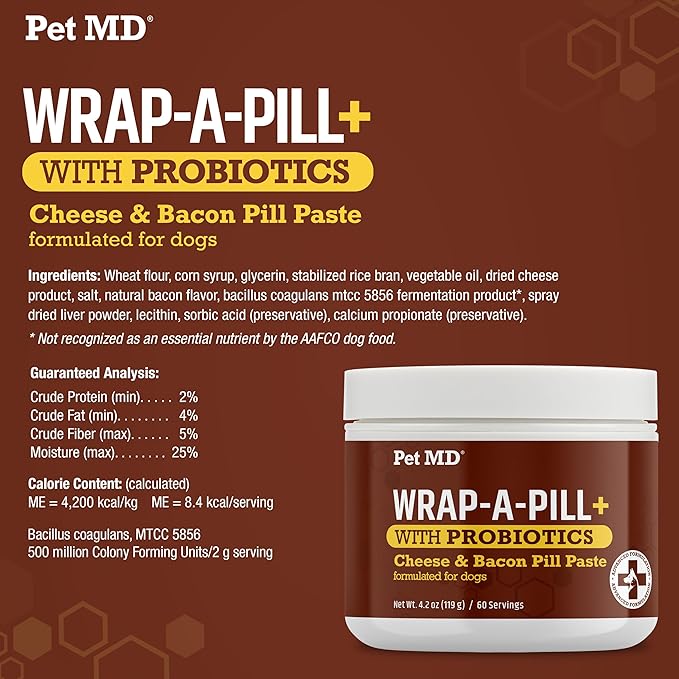 Pet MD Wrap-A-Pill with Dog Probiotics - Pill Wrap for Dogs Medicine - Easy-to-Use Paste to Hide Capsules, Create Pockets and Pill Treats for Dogs - Cheese & Bacon (4.2oz)