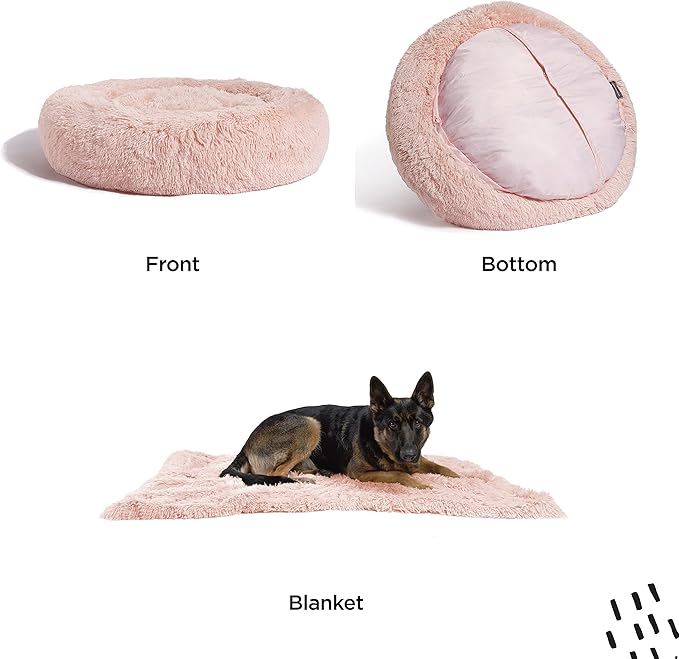 Best Friends by Sheri Bundle Set The Original Calming Shag Donut Cuddler Cat and Dog Bed + Pet Throw Blanket Cotton Candy Pink Extra Large 45" x 45"