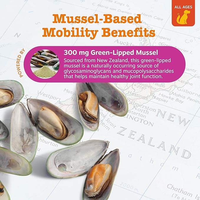 Zesty Paws Mussel Mobility Bites for Dogs - New Zealand Green Lipped Mussel with Natural Glucosamine & Chondroitin + Omega-3 Fatty Acids - Hip & Joint Support Supplement Soft Chews – 90 Count