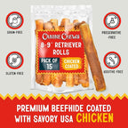 Canine Chews 8-9" Chicken Coated Dog Rawhide Retriever Rolls (15 Pack) - Chicken Rawhide Bones for Large Dogs - 100% USA-Sourced Chicken Coated Dog Rawhide Chews - Healthy Dog Dental Chew Rawhides