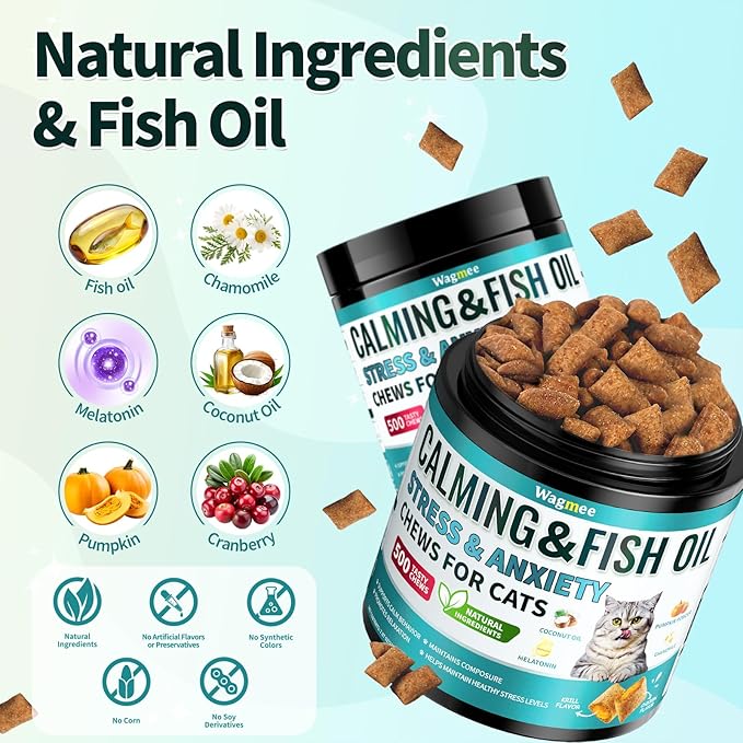 Wagmee Cat Calming Treats - 500 Crunchy & Creamy Cat Chews with Melatonin, Chamomile for Cat Stress and Anxiety Relief - Travel, Vet Visits, Storms and Separation Anxiety, Chicken and Krill Flavor