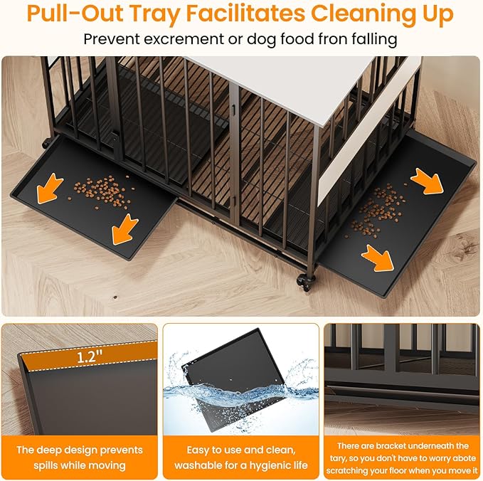 Dog Crate Furniture for Medium Dogs, 38 Inch Medium Kennel, Wooden Pet Cage Decorative Corner End Table with Caster Wheels & Double Removable Tray, White