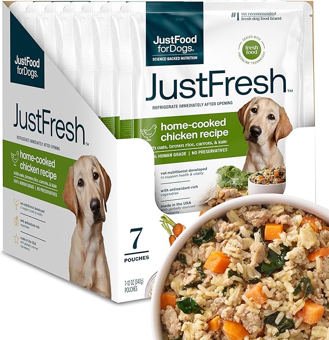 JustFoodForDogs JustFresh Home-Cooked Chicken Dog Food with No Preservatives, Resealable Packaging, Human Grade Wet Dog Food, 12 oz - 7 Pack