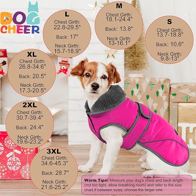 Dogcheer Dog Coat, Christmas Dog Jacket Waterproof Puppy Winter Coat for Cold Weather, Reflective Adjustable Pet Snow Jacket Warm Turtleneck Fleece Sweater for Small Medium Large Dogs - Pink, M