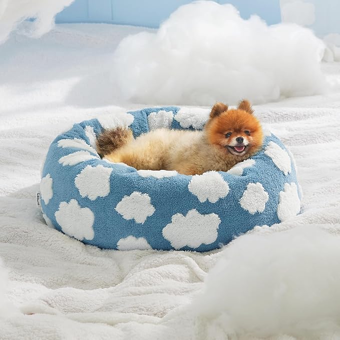 LE SURE Donut Dog Beds for Small Dogs - Round Cat Beds for Indoor Cats for Calming Pet with Washable Cover, Cute Modern Beds with Jacquard Shaggy Plush & Anti Slip Bottom, 23 Inch, Blue
