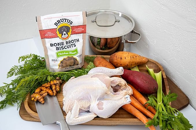 Brutus Bone Broth Biscuits (Chicken) - Healthy Dog Treats - Natural Dog Biscuits with Bone Broth and Real Chicken Meat - 18 Grams of Protein - 8 OZ (Pack of 6)