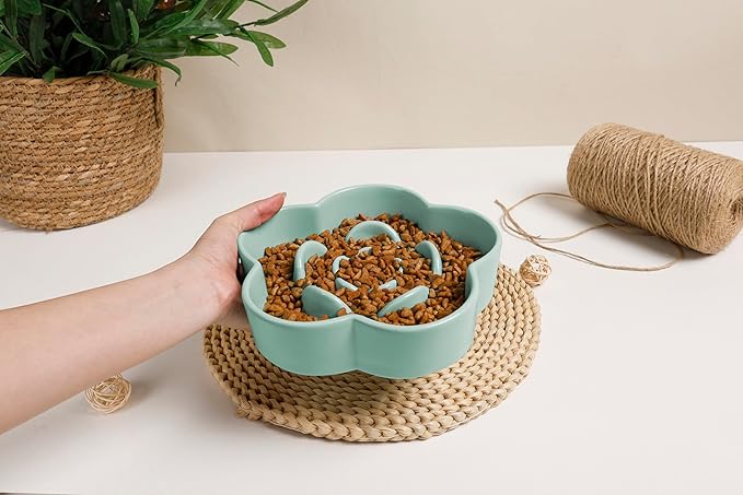 Ceramic Slow Feeder Dog/Cat Bowl, Anti-Choking Food Bowl, 8" 11.3oz for Medium, Large Breeds, Plum Puzzle Design, Non-Slip Silicone, Dishwasher and Microwave Safe, Green