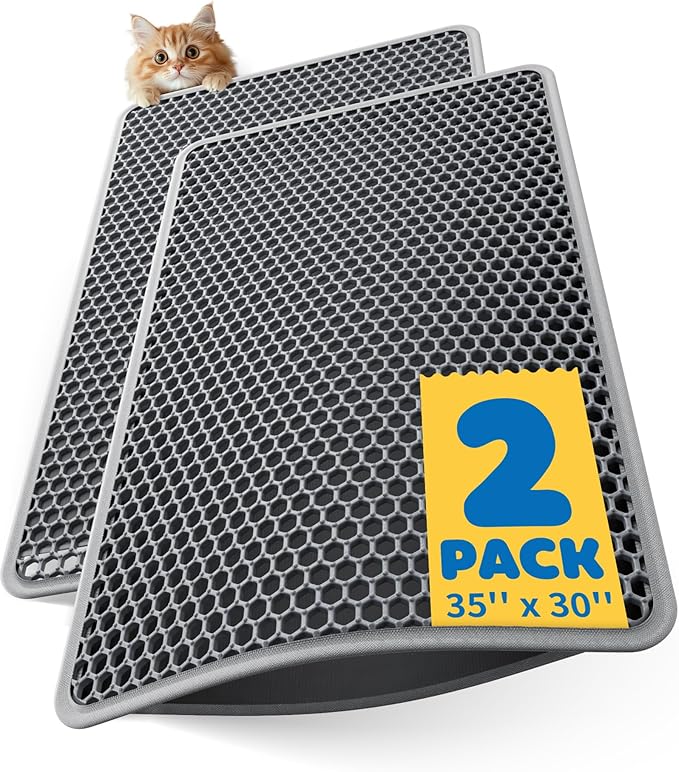 35" x 30" Cat Litter Mats (2-Pack) - Ultra-Large Litter Box Mats with Double Layers, Urine-Proof and Non-Slip Litter Trapping Mats, Easy to Clean Kitty Litter Mats for Floor, Scatter Control, Grey