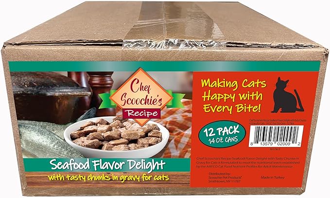 Chef Scoochie's Tender Seafood Chunks in Gravy Wet Cat Food - Easy Open Pop-Top Cans - Protein & Essential Nutrients - Gourmet Meal for Indoor & Outdoor Cats 12 Cans (14 oz e.)