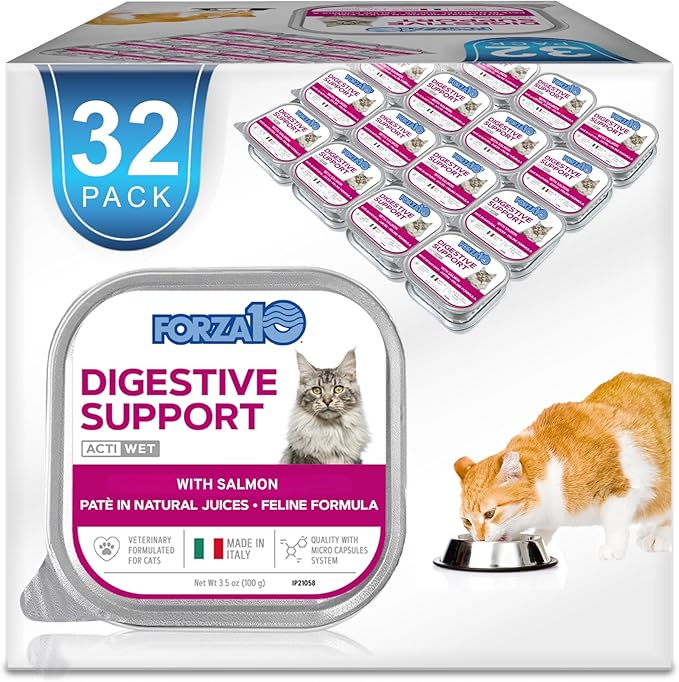 Forza10 - Cat Food, Vet-Approved Digestive Wet Cat Food, Salmon Flavor, Sensitive Stomach Support for Adult Cats with Gastrointestinal & Digestive Issues, Made in Italy (3.5 oz, 32 Pack)