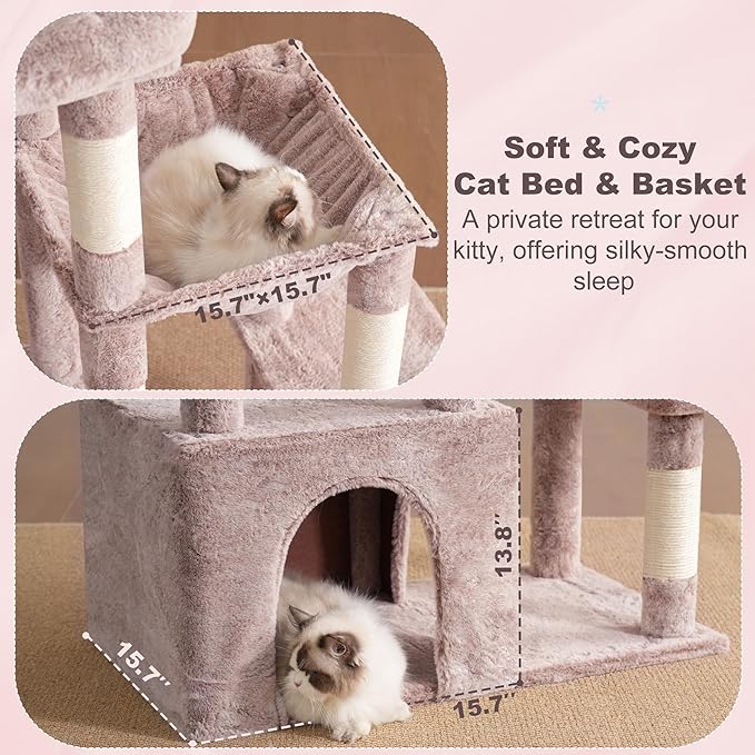Heybly Heavy Duty Cat Tree, Tower for Indoor Cats Large Adult, Tall Cat Condo House with Extra-Large Baseboard, Multi-Level Plush Furniture with Scratching Posts, Hammock, Toy Ball, Muchroom HCT026MU