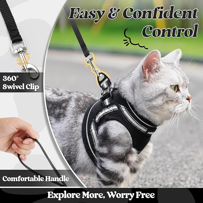 rabbitgoo Cat Harness and Leash Set for Walking Escape Proof, Adjustable Soft Kittens Vest with Reflective Strip for Cats, Comfortable Outdoor Vest, Black, L
