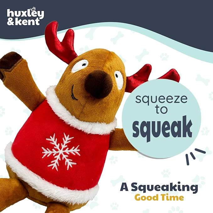 Huxley & Kent Funny Dog Toy w/Squeaker – Holiday Power Plush Squeaky Dog Toys for Small, Medium & Large Dogs – Soft Stuffed Animal for Indoor Play & Fetch - Rocky Reindeer, Small