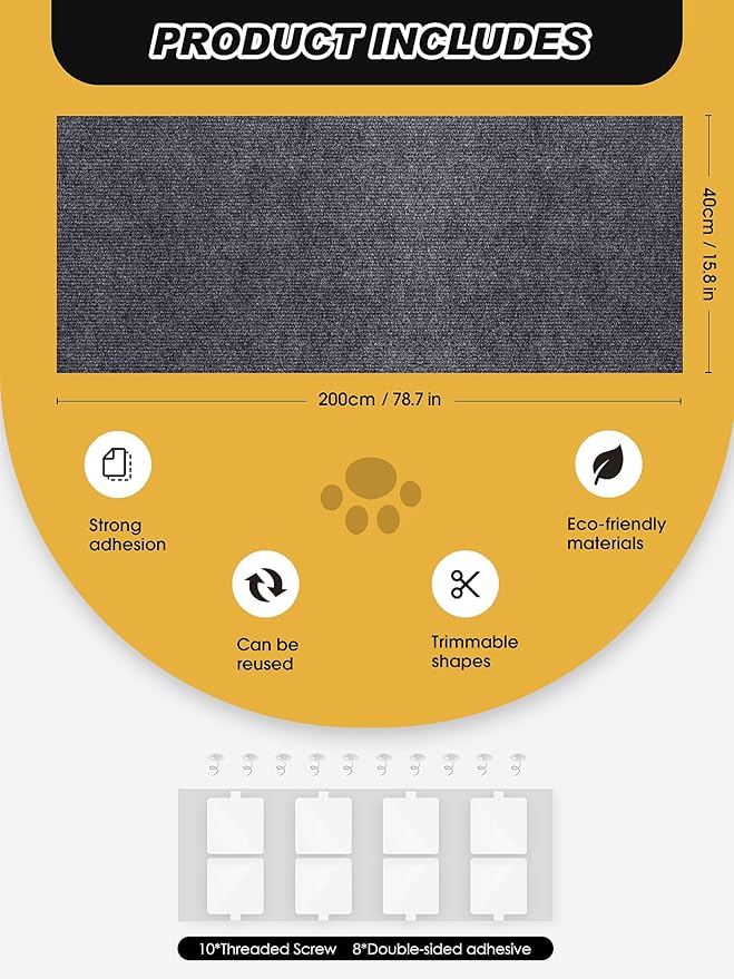 TLNNK 78.7"x15.8" Cat Scratch Mat, Trimmable Self-Adhesive Carpet, DIY Climb Cat Scratcher for Furniture Couch or Wall Protector, Covering Cat Scratching Post Replacement Pads (Dark Gray)