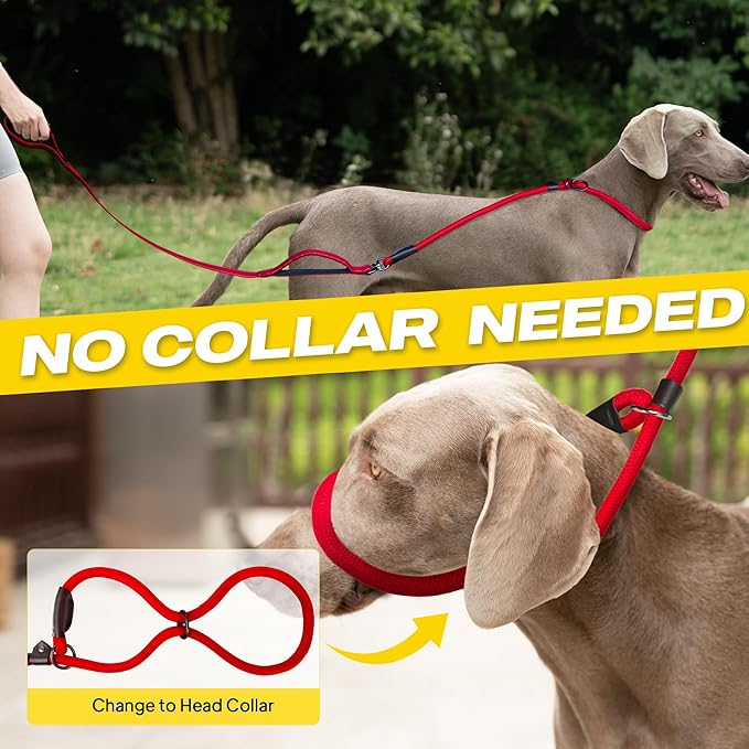 Fida 2-in-1 Slip Leads for Dogs with Double Handles, Tangle Free Leash for Large Dogs That Pull, Heavy Duty No Pull Training Leash Reflective Soft Padded for Large & Medium Breed(6ft,Red)