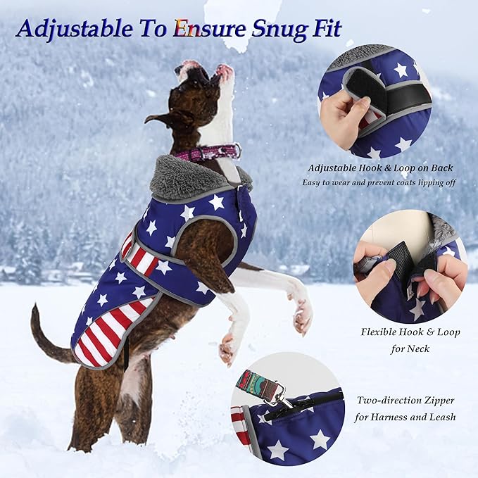 Dogcheer Dog Coat, American Flag Dog Jacket Waterproof Puppy Winter Coat for Cold Weather, Reflective Adjustable Pet Snow Jacket Fleece Sweater for Small Medium Large Dogs - USA Flag, 3XL