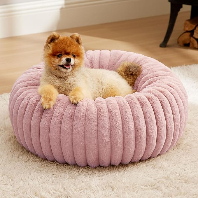 Bedsure Donut Small Dog Bed - Dog Beds for Small Dogs with Corduroy Fleece & Anti Slip Bottom, Round Faux Fur Pet Beds with Washable Removable Cover, Blush Pink, 23x23x8 inches