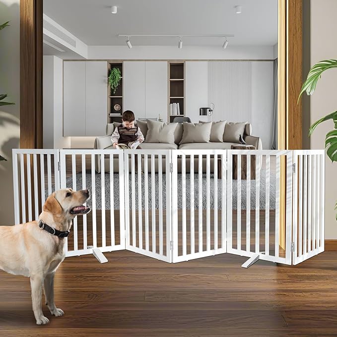 ZJSF Freestanding Indoor Dog Gate for House Foldable Wood White Puppy Gate for Doorways Pet Gate for Stairs Extra Wide Pet Fence 32" Height 6 Panels