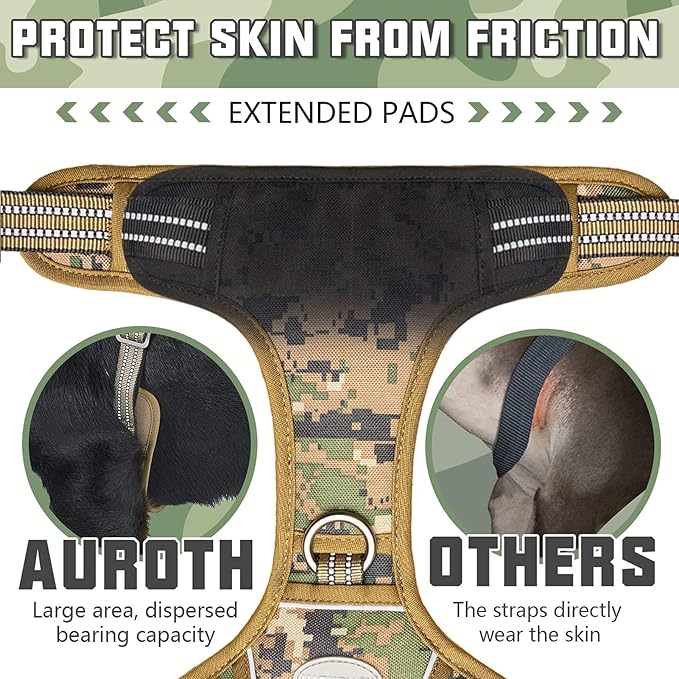 Auroth Tactical Dog Harness for Large Dogs No Pull Adjustable Pet Harness Reflective K9 Working Training Easy Control Pet Vest Military Service Dog Harnesses Woodland Camo XL