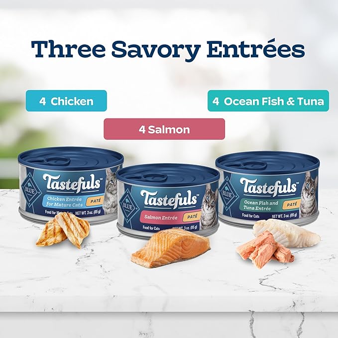 Blue Buffalo Tastefuls Natural Pate Wet Cat Food Variety Pack, Salmon, Chicken, Ocean Fish & Tuna Entrées 3-oz Cans (12 Count - 4 of Each Flavor)