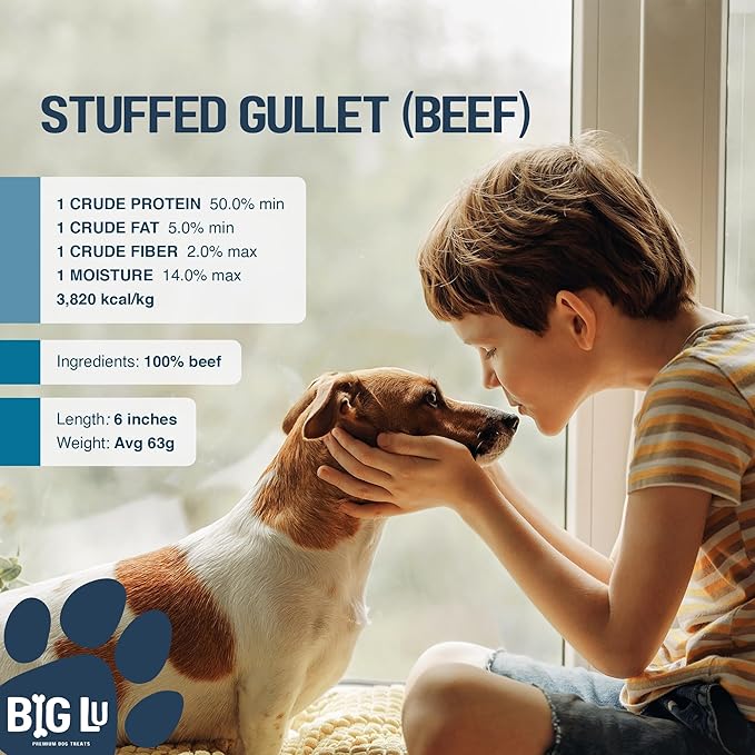 Big Lu - 6-Inch Stuffed Gullet Sticks, 10 Count, Premium Beef Dog Treats, All-Natural, High-Protein, Easily Digestible Chews for Dogs, Supports Dental Health and Joint Mobility