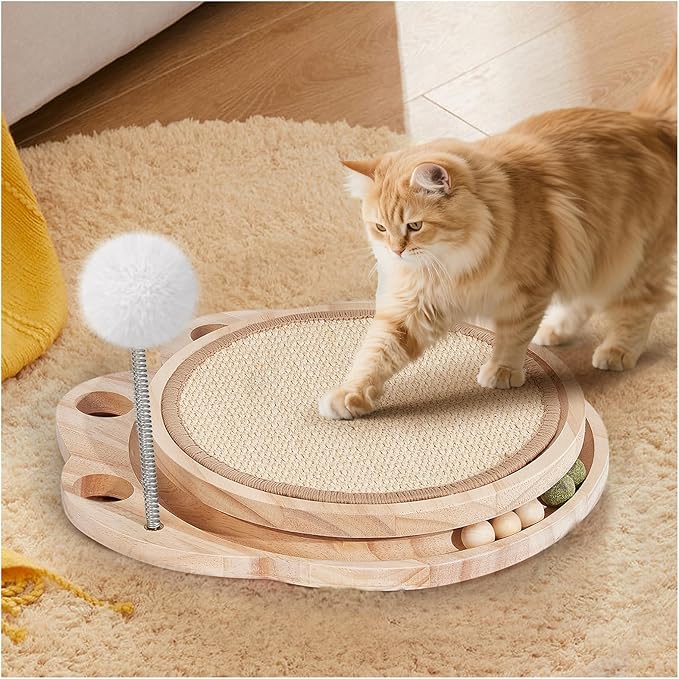 Cat Scratcher for Indoor Cats, Sisal Cat Scratching Pad, 2-Tier Kitten Toys with Wooden Ball Track & Spring Ball -No Assembly Cats Activity Center