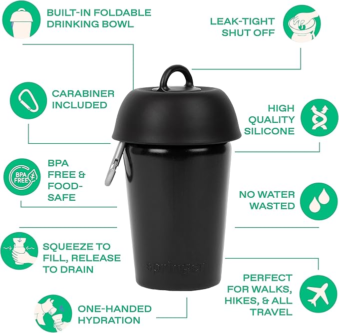 Springer Flip Portable Dog Water Bottle with Foldable Food Grade Silicone Bowl - 20 Ounce Travel Dog Water Bottle Ideal for Camping - Easy Squeeze Hydration & Release to Drain