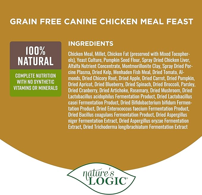 Nature's Logic Grain-Free Dry Dog Food - All-Natural, High Protein, No Synthetic Vitamins/Minerals - Gluten Free - Supports Healthy Digestion - All Breeds & Ages - Chicken Meal Feast, 4.4lbs