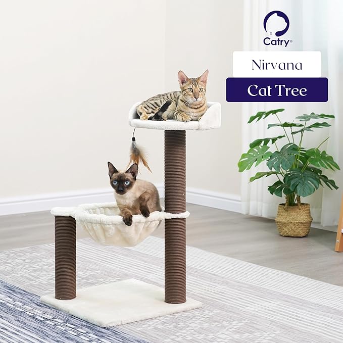 Catry Nirvana 3-Level Kitten Tree with Plush Perch, Soft Hammock, and Paper Rope Scratching Posts, Minimalist Cat Furniture for Climbing, Scratching & Resting, Ideal for Kittens & Small Cats, Beige