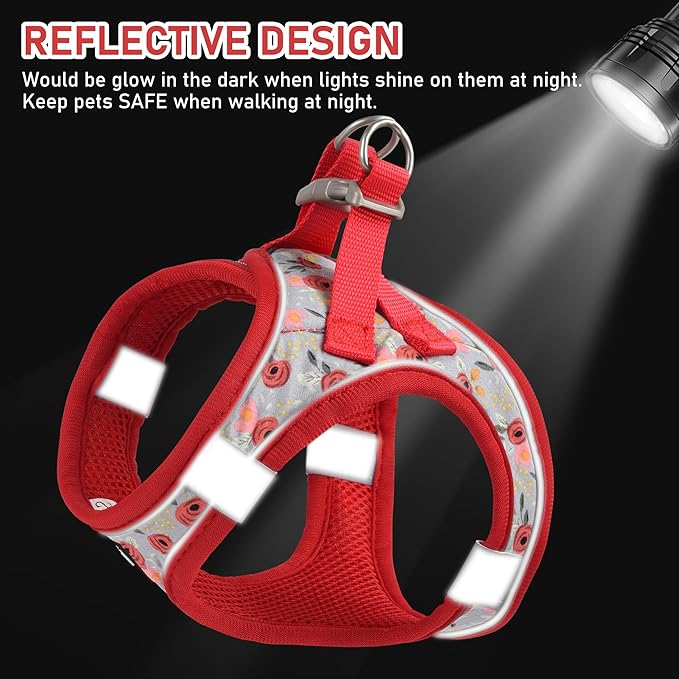 GAMUDA Small Dog Harness Collar and Leash Set, Step in No Chock No Pull Soft Mesh Adjustable Dog Vest Harnesses Plaid Reflective for Dogs Puppy Cats Kitten Rabbit (Red Flower, S)