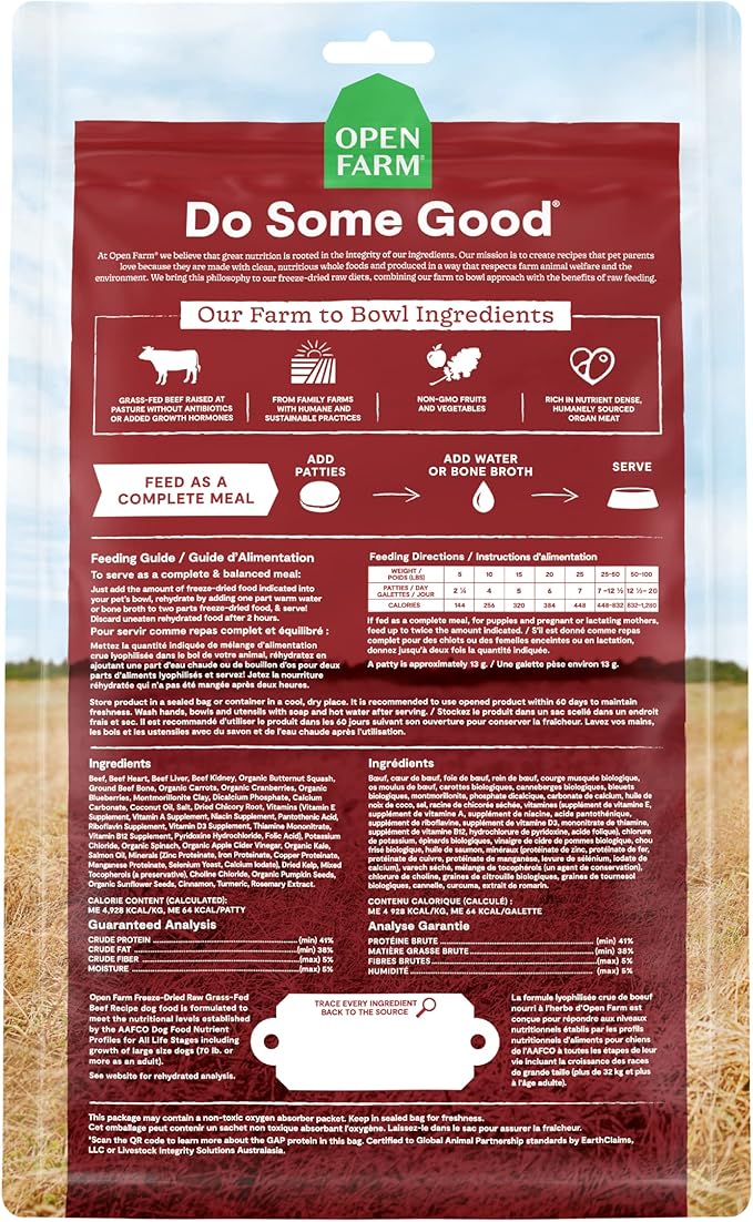 Open Farm, Freeze Dried Raw Dog Food, Patties with 95% Meat, Organs & Bone, Complete Meal or Freeze Dried Dog Food Mixer, Grass-Fed Beef Recipe, 17.5oz Bag