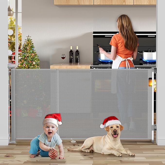 138 Inch Reinforced Retractable Baby Gates Extra Wide, Uamector Mesh Baby Gate or Dog Gate,Toddler Pet Retractable Gate Adjustable Length for Large Openings Stairs Doorways Hallway Indoor Outdoor