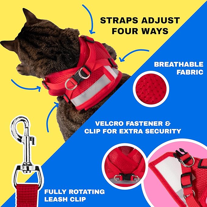 Travel Cat Harness and Leash Set - Adjustable Fit Mesh Cat Harness and Reflective Strap - Comfort Walking Vest for Kitten for Outdoor Walking, Hiking (Medium, Red)