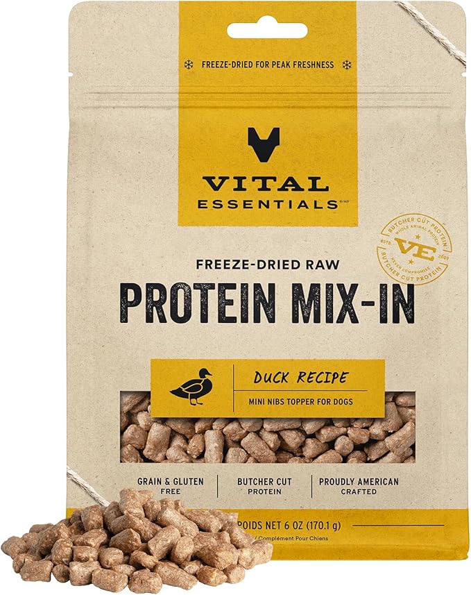 Vital Essentials Freeze Dried Raw Protein Mix-in Dog Food Topper, Duck Mini Nibs Topper for Dogs, 6 oz