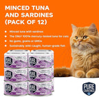 Minced Tuna and Sardines Wet Canned Cat Food, 100% Mercury-Tested, Moist Can Fish for Cats, Grain-Free, Protein, Non-GMO, 3oz, Pack of 12