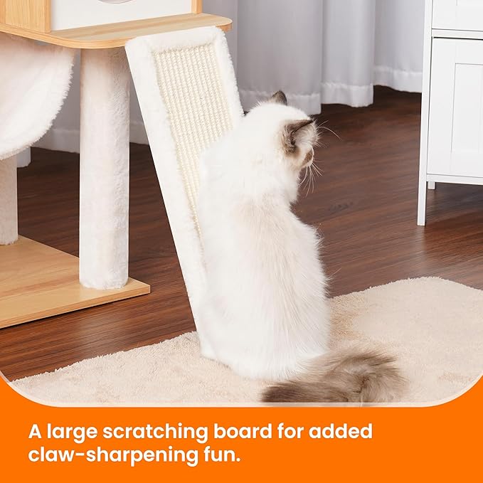 Heybly Wood Cat Tree for Indoor Cats, Cat Condo for Large Cats with Self Groomer, Modern Cat Scratching Tower with Basket, Hammock, Dangling Ball and Leaves, Walnut HCT120WB