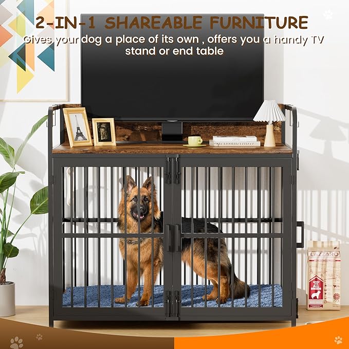 Large Dog Crate Furniture Wooden Dog Kennel Heavy Duty XL Dog Cages with Double Doors for Large/Medium Breed Indoor Dog House with Side End Table