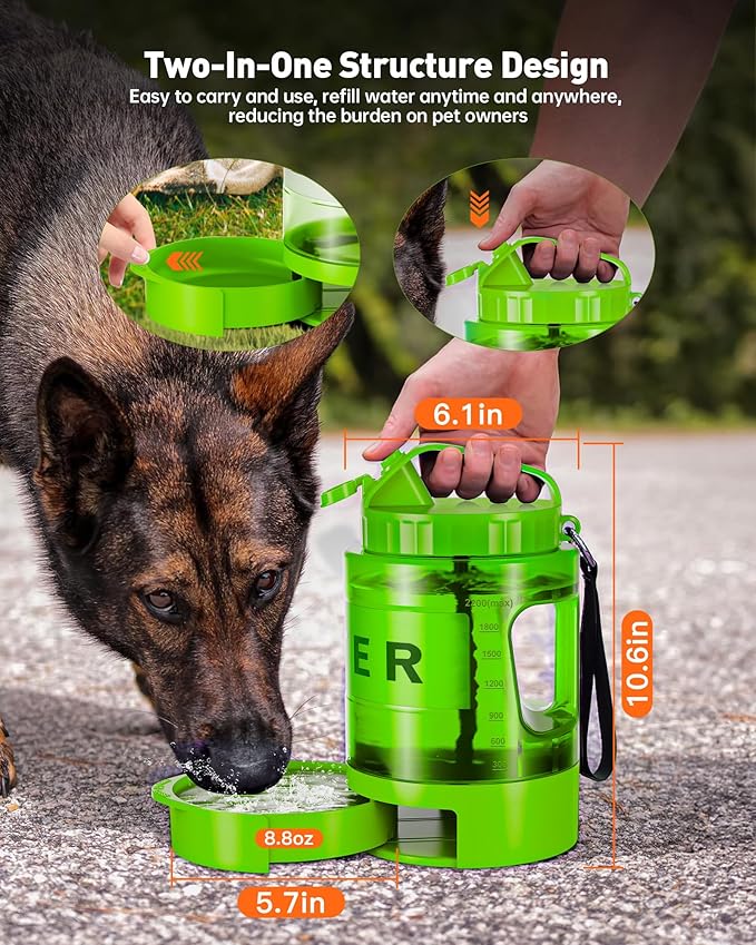 Portable Dog Water Bottle Bowl - 77 oz Travel Water Bowl Dispenser for Dogs Leak Proof, Suitable for Large Pet Drinking, A Must Have for Outdoor, Camping, Walking, Beach, Hunting Other Scenes （Green）