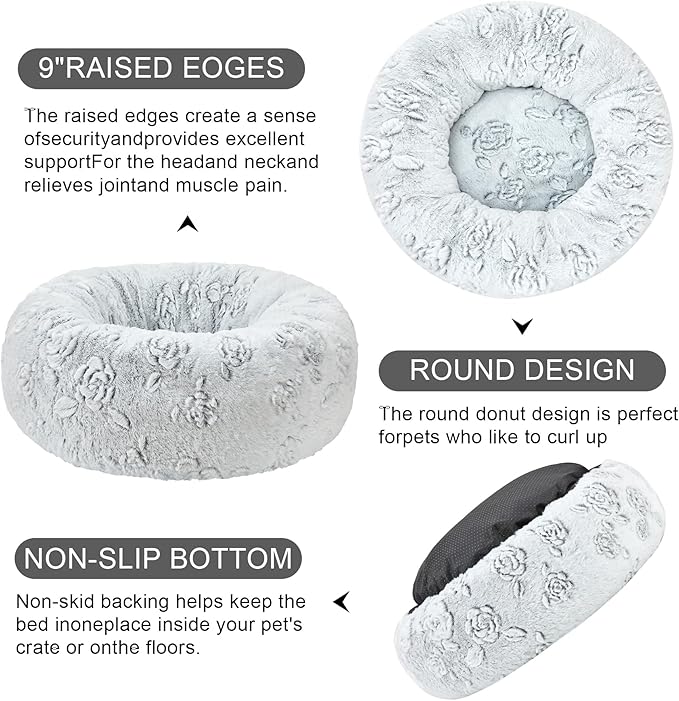Dog Calming Beds for Small Medium Large Dogs - Round Donut Washable Puppy Dog Bed, Anti-Slip Faux Fur Fluffy Donut Cuddle Anxiety Cat Pet Bed (36" Rose)