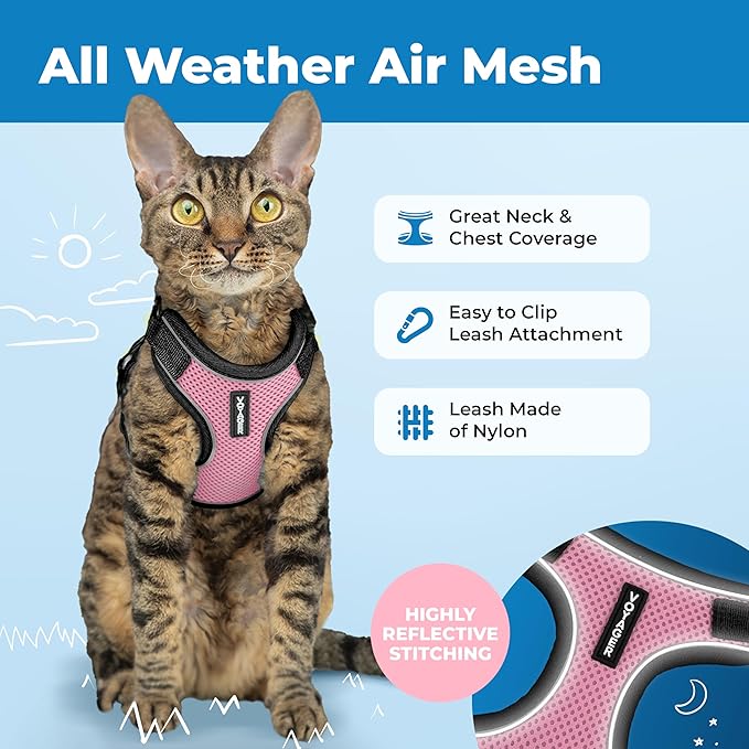 Voyager Escape-Proof Step-in Lock Cat Harness & 5ft Neoprene-Handle Leash Set All-Weather Mesh with Reflective Stitching for Small to Large Cats by Best Pet Supplies, Black Trim-Pink (327), XS