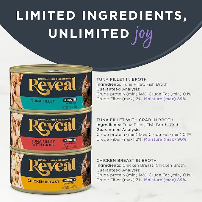 Reveal Natural Wet Cat Food, 12 Count, Grain Free, Limited Ingredient Canned Food for Cats, Fish and Chicken Variety in Broth, 2.47 oz Cans