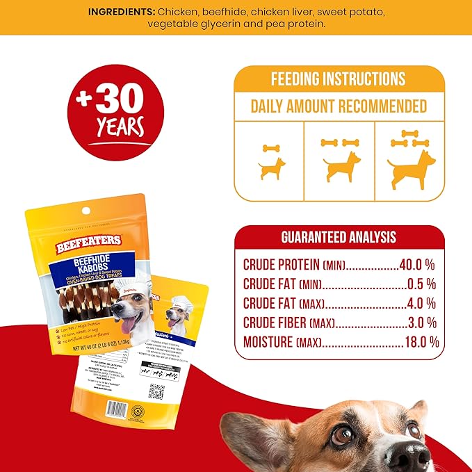 Beefeaters Beefhide Kabobs – Dog Treat. Triple Flavor with Real Chicken, Liver & Sweet Potato, Long-Lasting Chew, Supports Dental Health, Ideal for Training