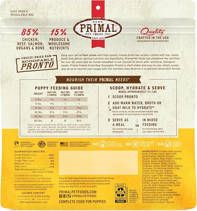 Primal Freeze Dried Puppy Dog Food, Pronto Mini Nuggets; Scoop & Serve, Complete & Balanced Meal; Also Use As Topper or Treat; Premium, Healthy, Grain Free, High Protein Raw Dog Food (25 oz,Pack of 2)