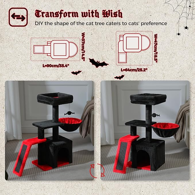 PETEPELA Gothic Cat Tree Tower for Indoor Cats, 31.5'' Small Cat Tower Condo with Sisal Scratching Ramp, Cozy Hammock and Removable Flower Cat Bed Perch for Kittens, Black